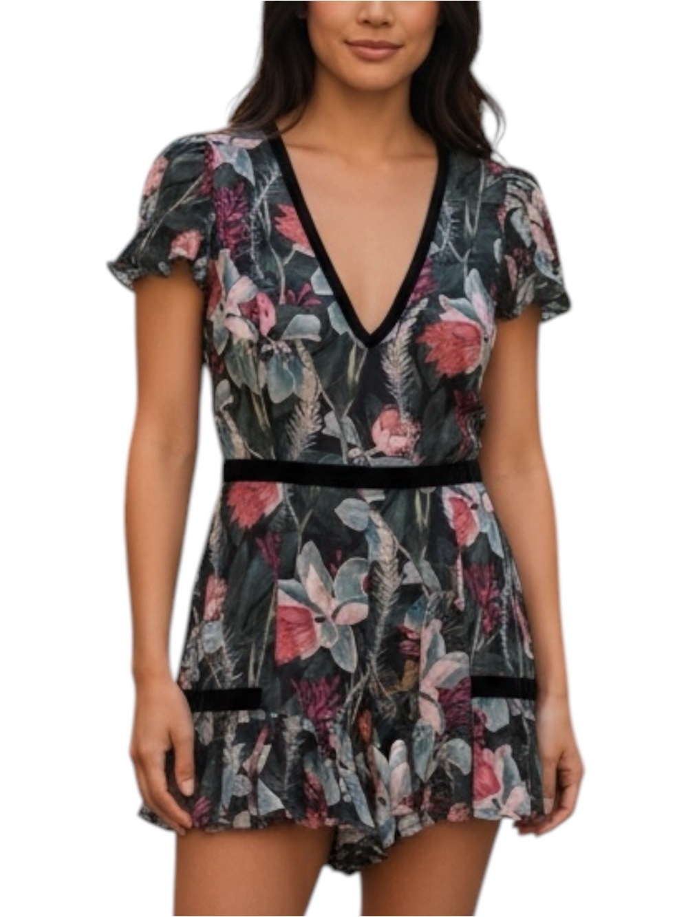 Minkpink Floral Romper, V-Neck, Flutter Sleeves, Cutout Trim, Lined - Small